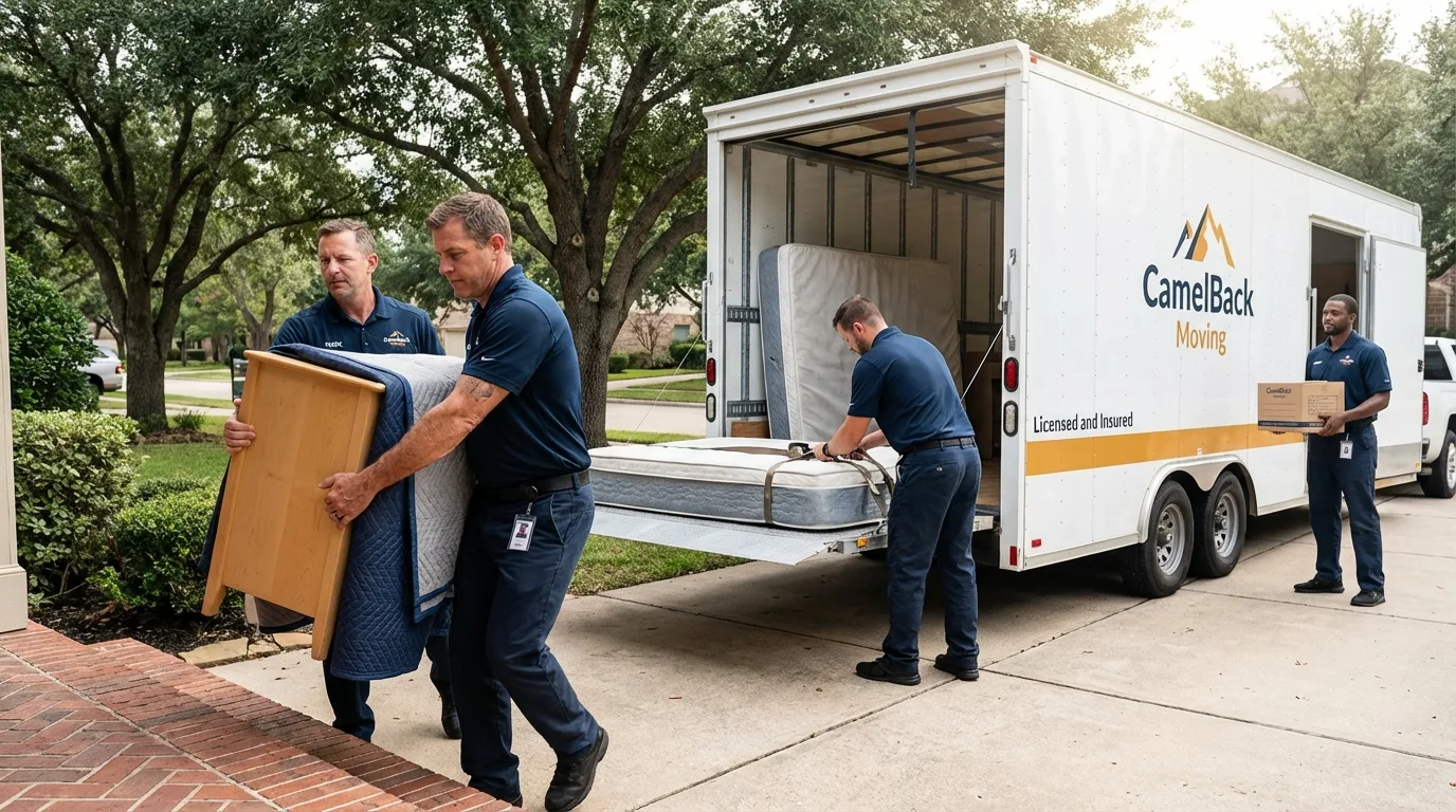 Crew loading residential truck for cross-state move from Velva, ND