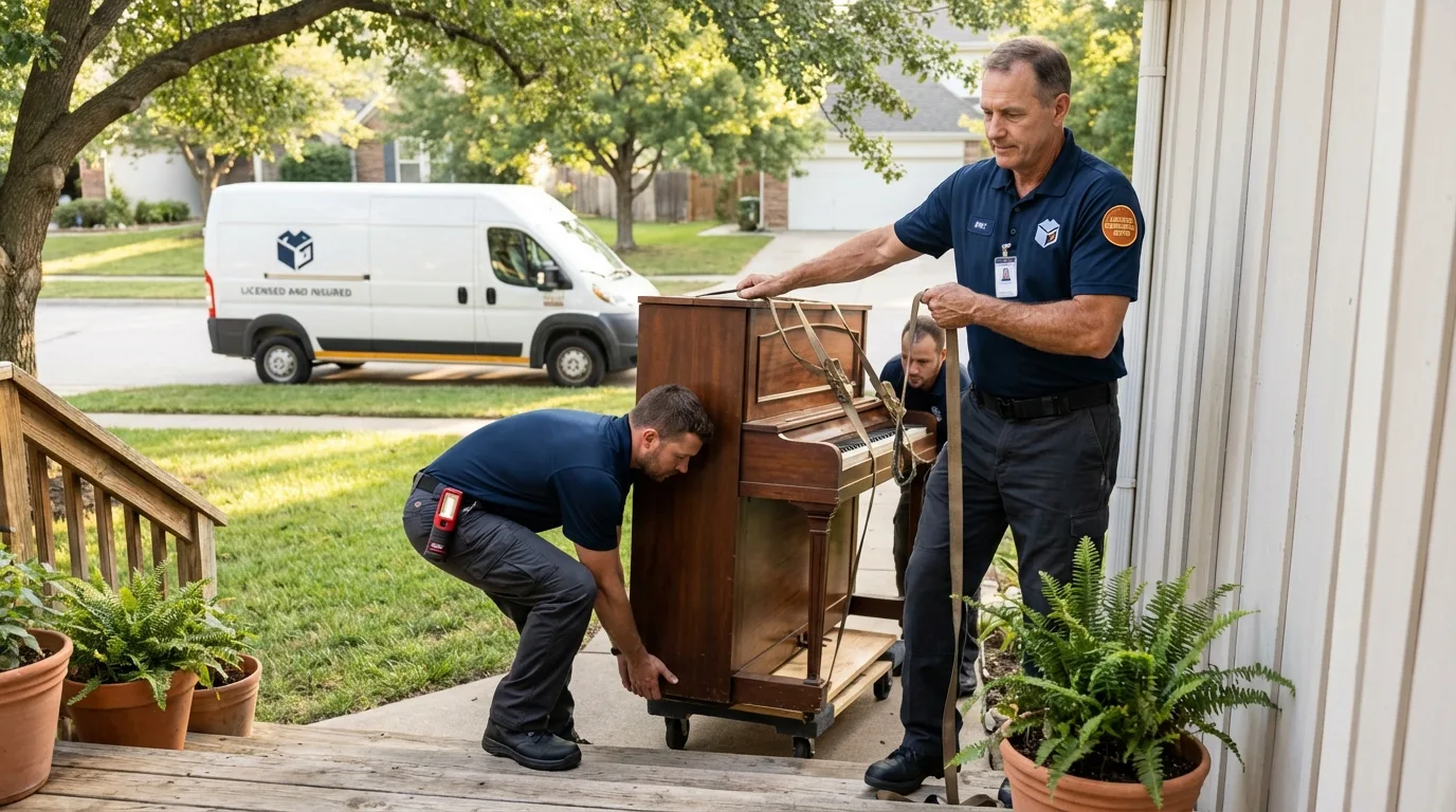 Licensed piano movers securing grand piano in Velva, ND