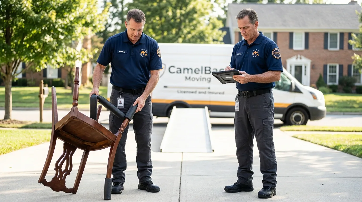 Movers inspecting furniture for damage prevention before loading in Velva, ND