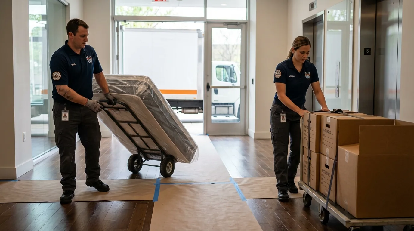 Professional apartment movers loading elevator in Velva, ND