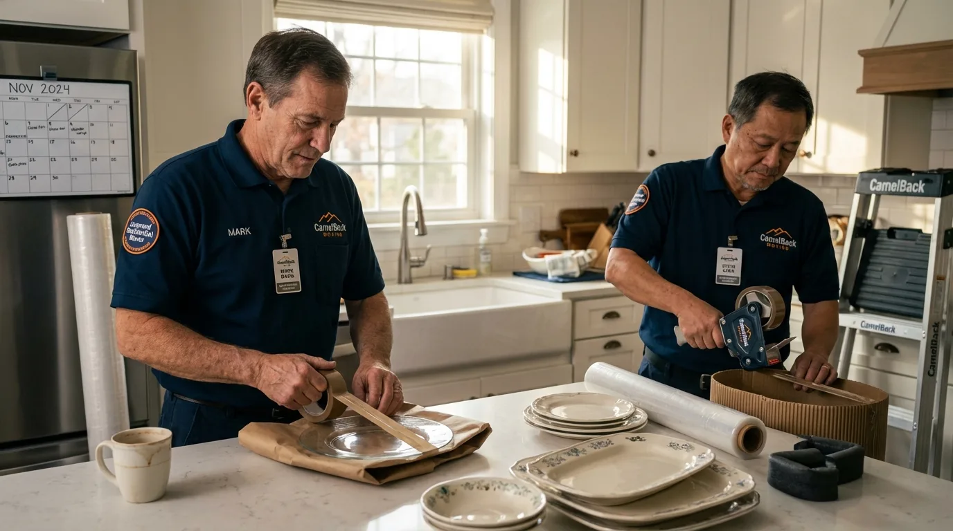 Professional crew packing kitchen dishware in Velva, ND